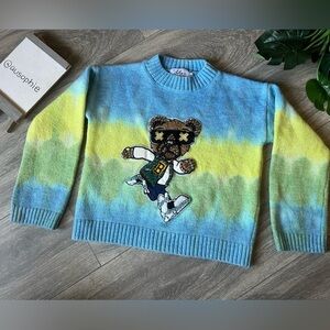 Lola + The Boys Cool Teddy Bear Crystal Sweater in Blue & Green Tie Dye. Size 6